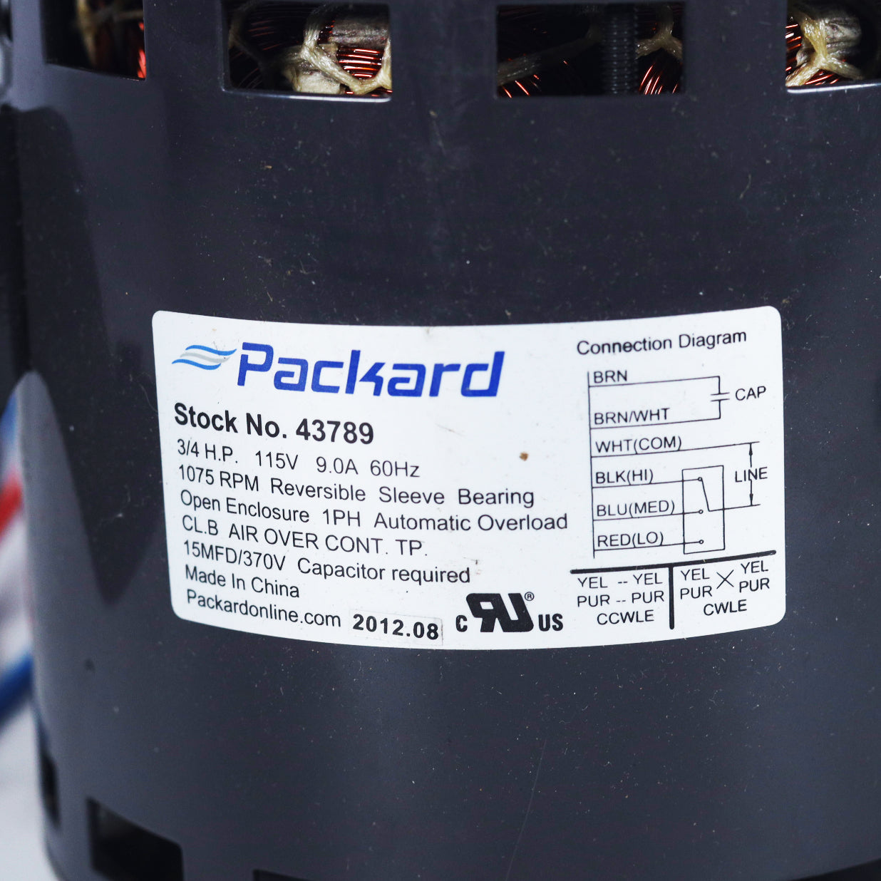 Packard - 43789 Direct Drive Blower Motor 48 Frame 3/4 HP, 115 Volts, 1075 RPM, 3 Speed