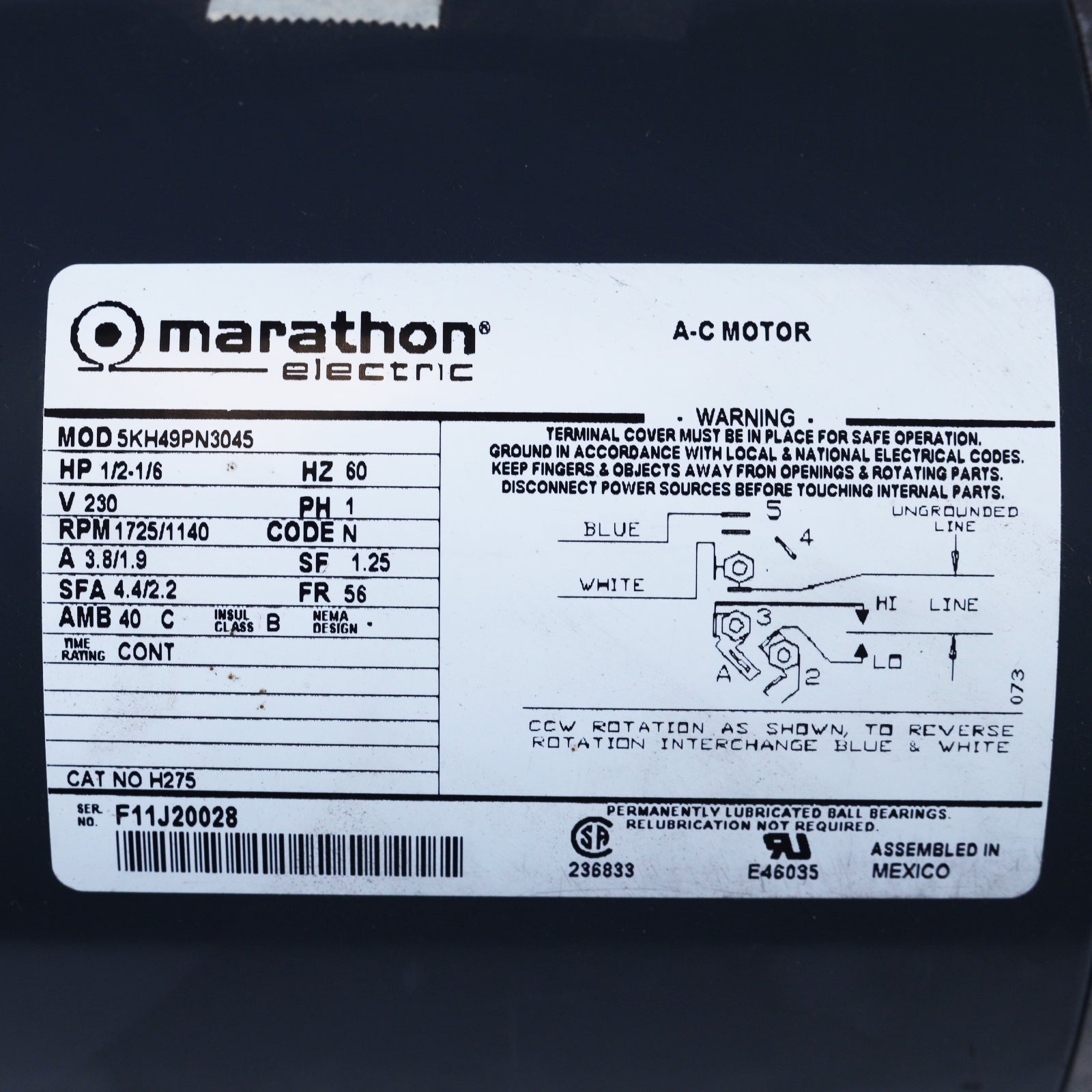 Marathon electric - 5KH49PN3045 - 0.5 HP, 1725/1140 RPM, 230 Volts, DP, 56, RB, Marathon, H275