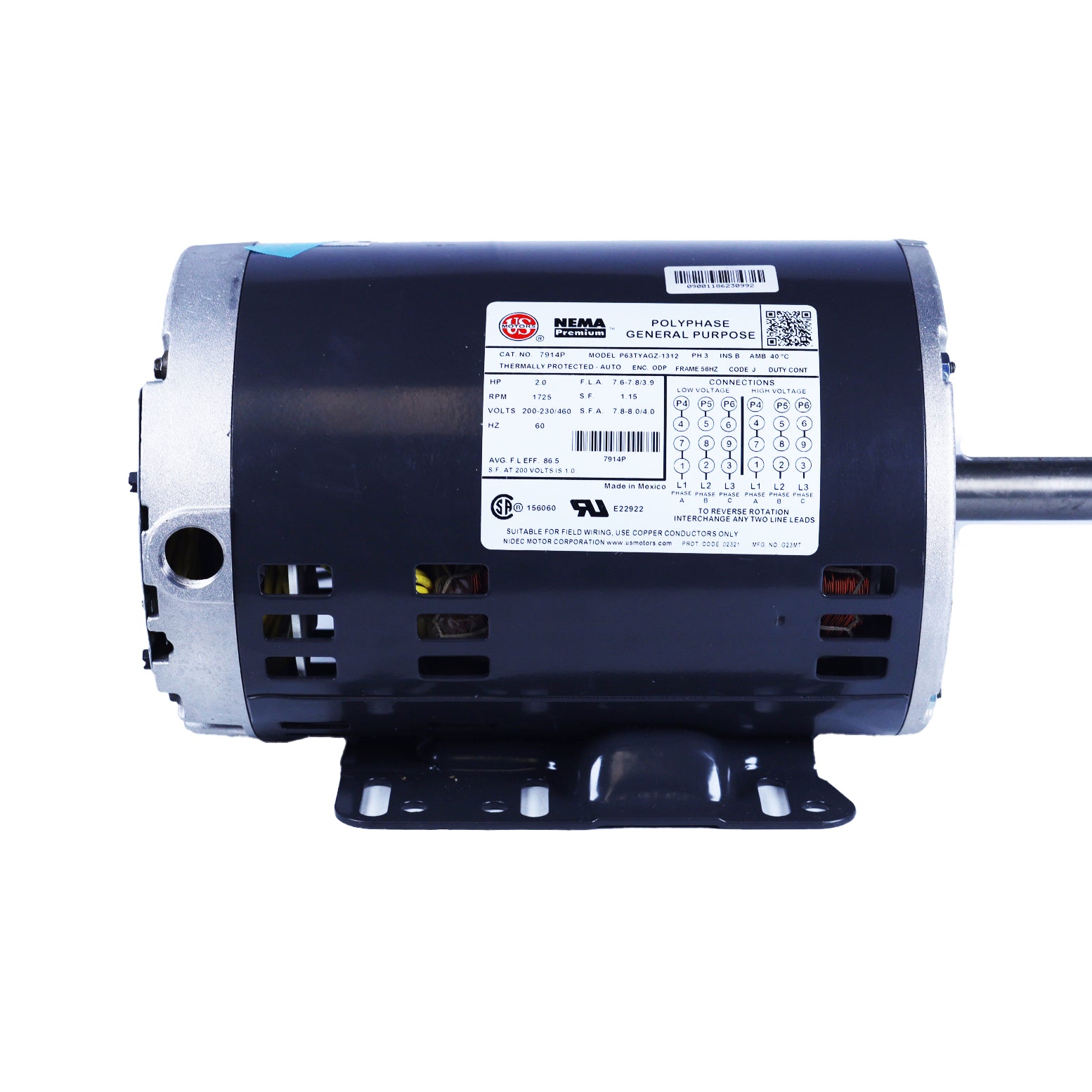 US Motors - 7914P - 3-Phase ODP Polyphase Commercial Belt-Drive Blower Motor, 56HZ (200-230/460V, 2 HP, 1725 RPM)