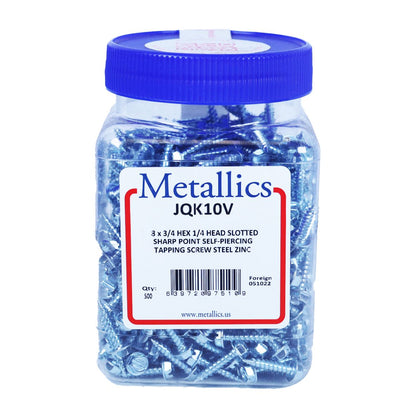 JQK10V - Metallics 8 X 3/4" (1/4" Head) Indented Hex Washer Slot #8 Duct W/Double Lead Thread Zinc