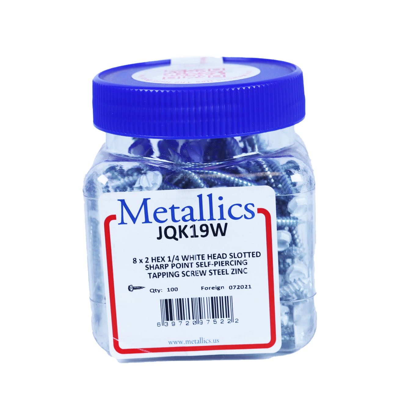 Metallics JQK19W 8 X 2" (1/4" Head) Indented Hex Washer Slot W/Double Lead Thread Zinc w/White Painted Heads