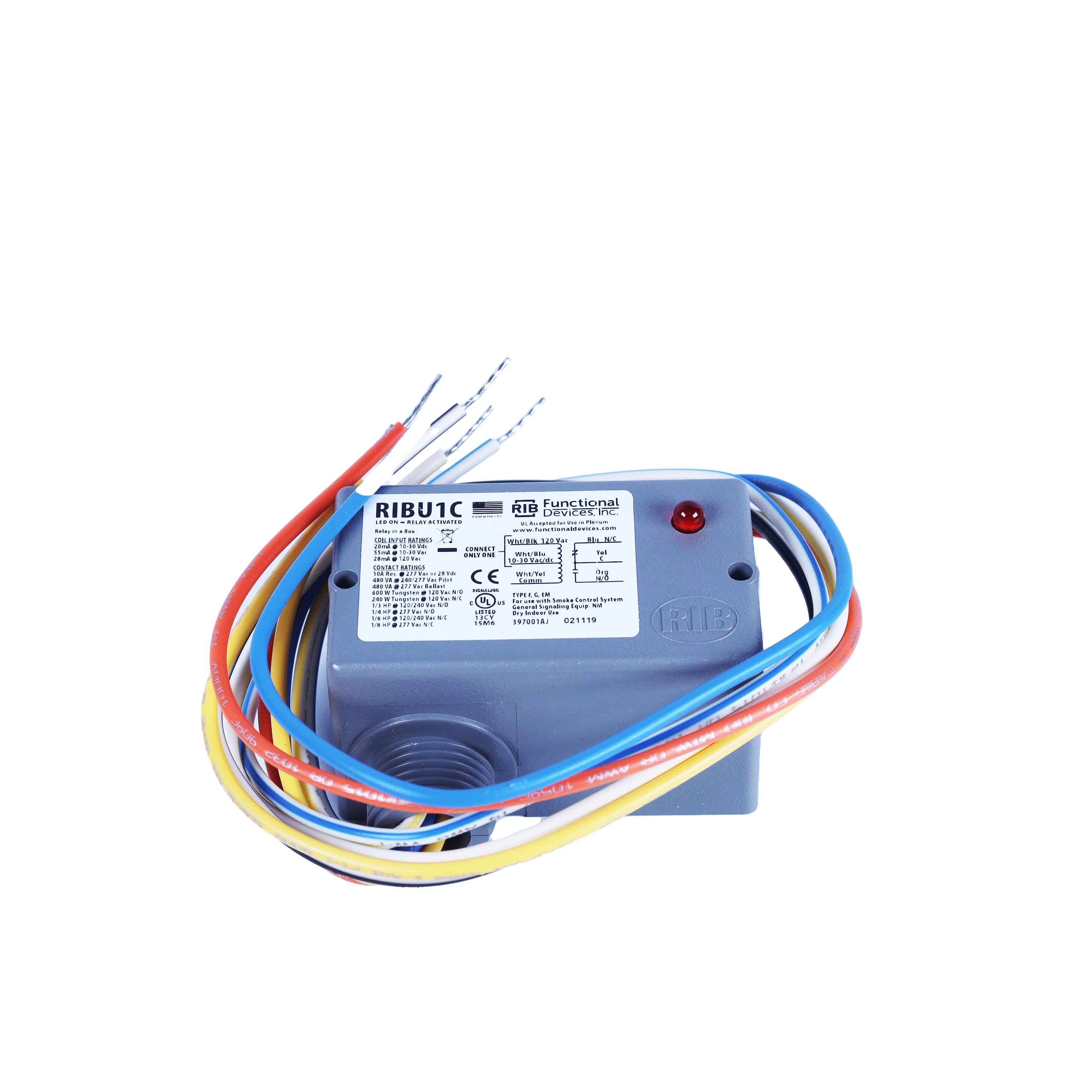RIB2401B  Enclosed Relay 20 Amp SPDT with 24 VAC/DC/120 VAC Coil , Functional Devices