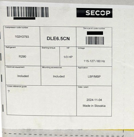 SECOP COMPRESSOR DLE6.5CN-1 R290 115V